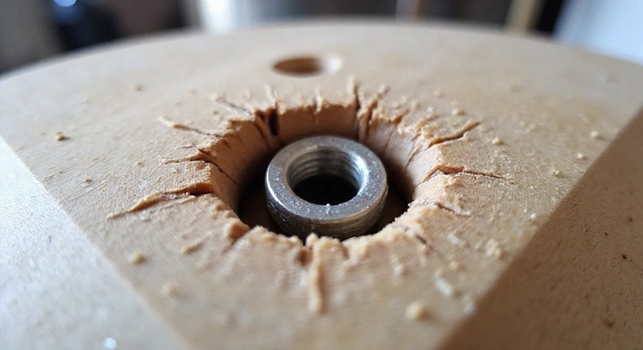Close-up of a stripped screw hole in a ski