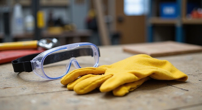 Safety goggles and gloves on a workbench