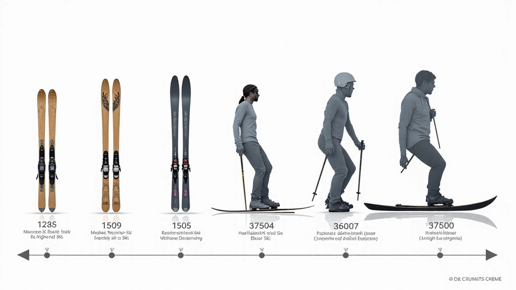 A timeline collage showing the evolution of ski design: from an old wooden ski, to a classic straight ski, a modern parabolic ski, and finally a futuristic carbon fiber ski. No text.