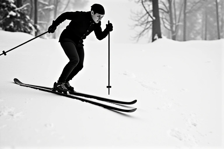 A vintage photograph of a skier on long, straight skis making a turn on a groomed slope, capturing the style of mid-20th century skiing. No text.