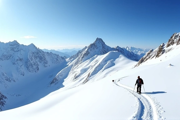 A lone skier traversing a vast, untouched snowy mountain range under a clear blue sky, emphasizing the solitude and beauty of backcountry skiing. No text.
