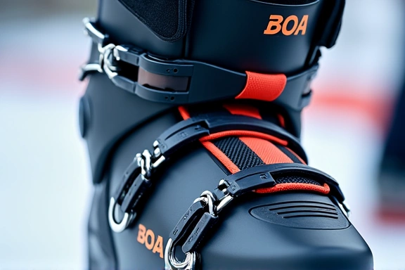 A close-up of a high-tech ski boot with intricate Boa lacing system, showcasing advanced materials and design. The background is blurred, focusing on the boot's innovative features. No text.