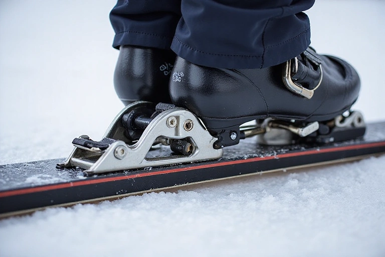 A close-up of a ski binding mechanism on a ski, illustrating its intricate parts and connection to the boot. No text.
