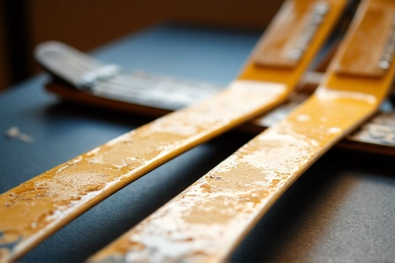 A pair of skis with freshly applied wax, gleaming under a warm light, with waxing tools like an iron and scraper blurred in the background. No text.