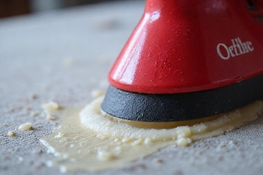 Close-up of a ski base being waxed with a red waxing iron, steam rising