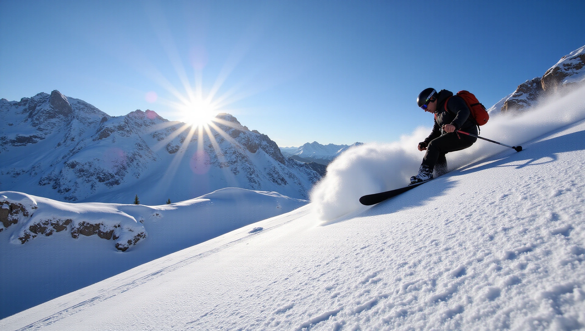 Dynamic shot of a skier carving down a snowy mountain with fresh powder, sun shining, blue sky, no text, no letters, no inscriptions.