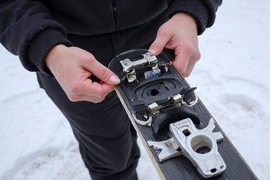 Hands using tools to install a ski binding onto a ski