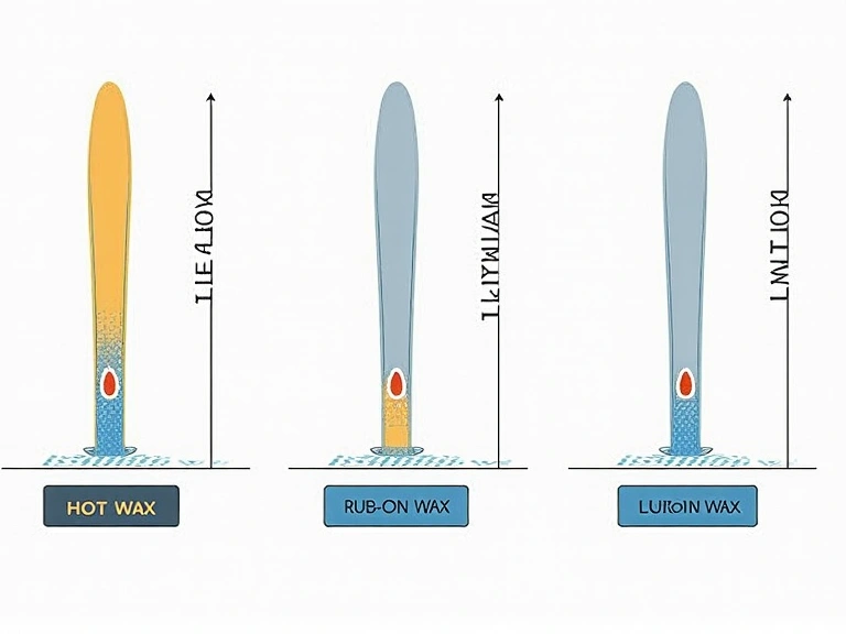 Diagram illustrating different types of ski wax and their properties, showing hot wax penetrating deep, rub-on wax on the surface, and liquid wax as a thin film.