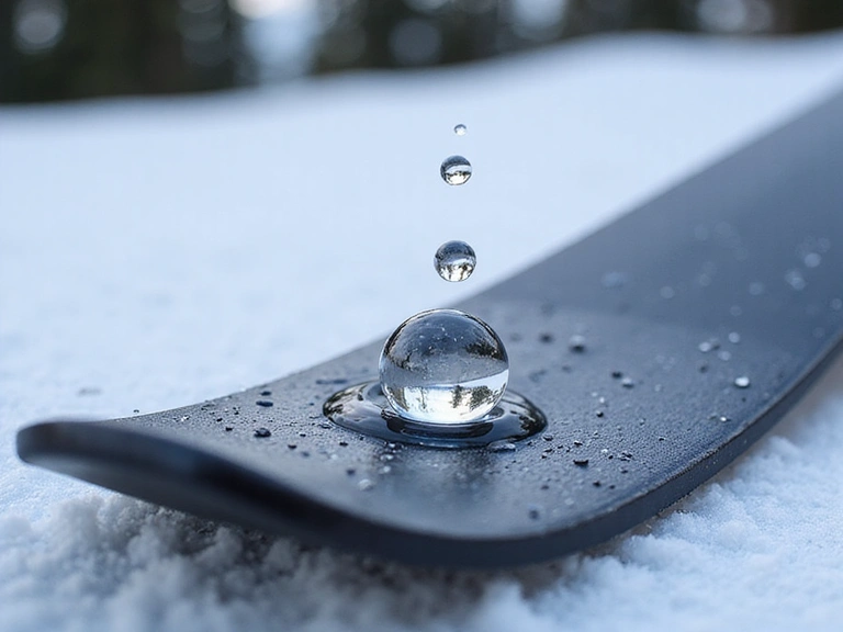 Illustration demonstrating hydrophobic properties of a waxed ski base, with water droplets beading up and rolling off the surface.