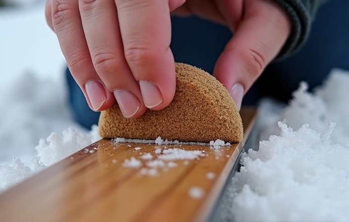 Image showing a person using a cork to rub in rub-on wax on a ski base.