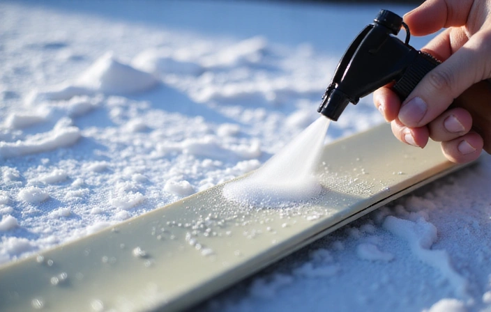 Image showing liquid wax being sprayed onto a ski base.