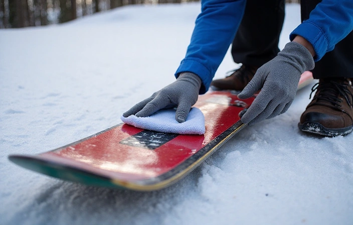 Image showing a ski base being wiped clean before liquid wax application.