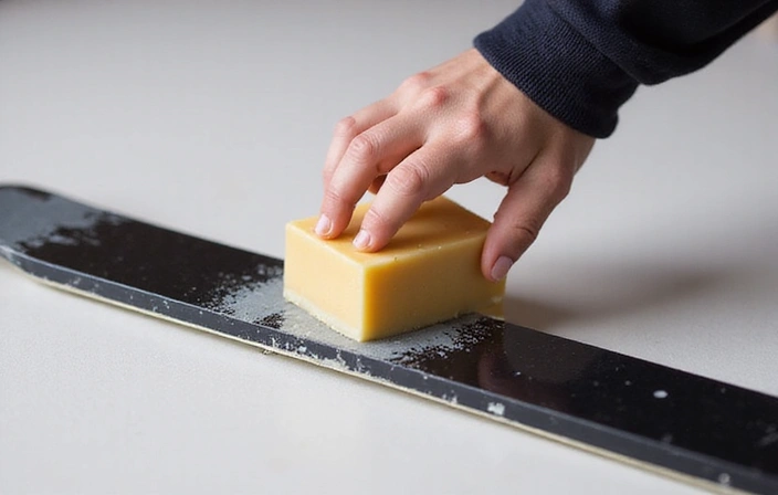 Image showing a person rubbing a wax block directly onto a ski base.
