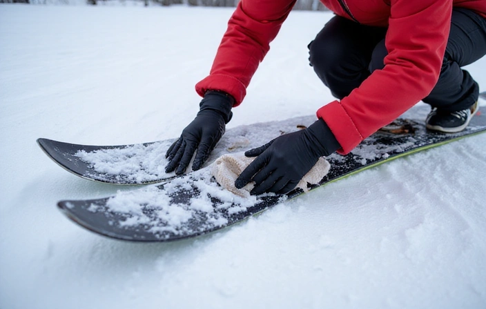 Image showing a ski base being wiped clean with a rag.