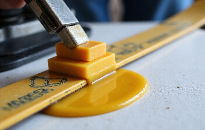 Image showing a ski waxing iron melting wax and dripping it onto a ski base.