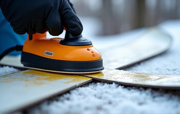 Image showing a waxing iron smoothly gliding over a ski base, spreading melted wax.