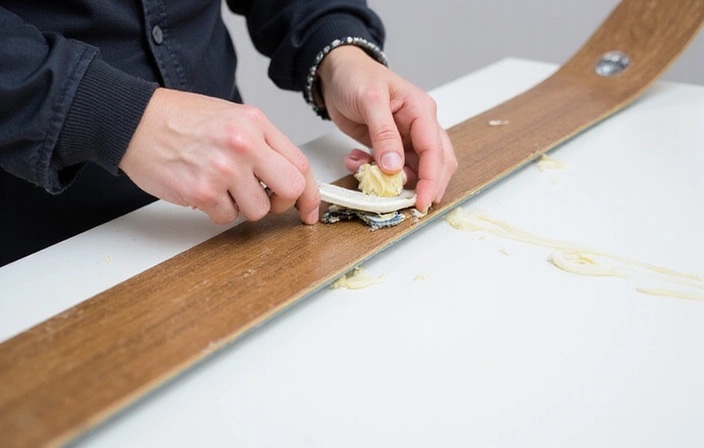 Image showing a plastic scraper removing excess wax from a ski base.