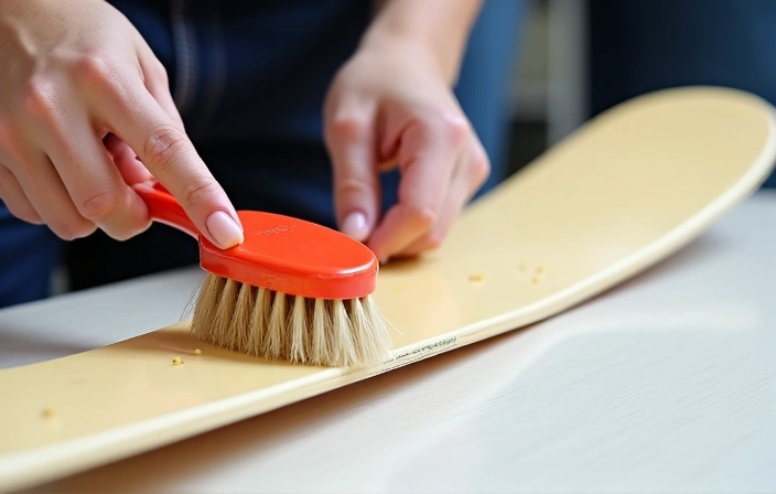 Image showing a ski base being lightly brushed with a nylon brush after corking in rub-on wax.