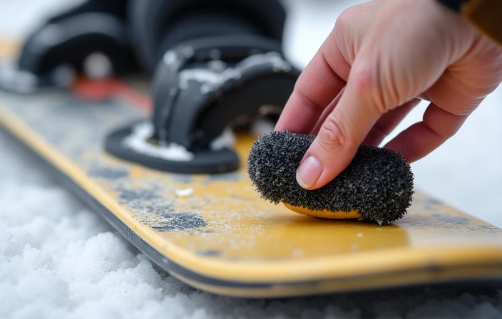 Image showing a person spreading liquid wax on a ski base with a sponge applicator.
