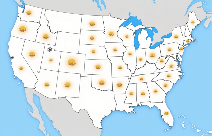 Stylized map of the USA with popular ski regions highlighted and weather icons.